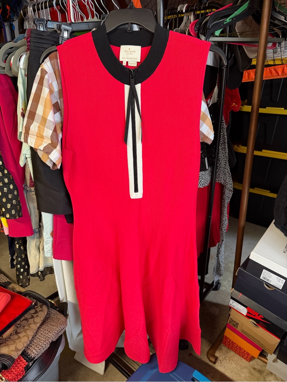 kate spade Hot Pink Sleeveless A-Line Dress with Black & Cream Trim - Picture 3 of 8